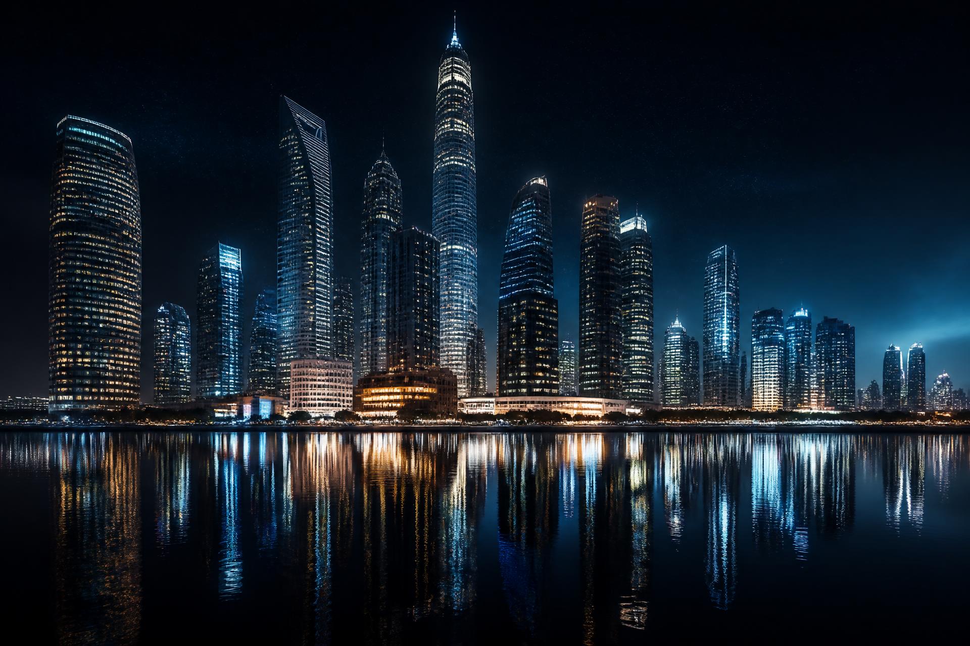 Futuristic financial district skyline at night reflecting over water